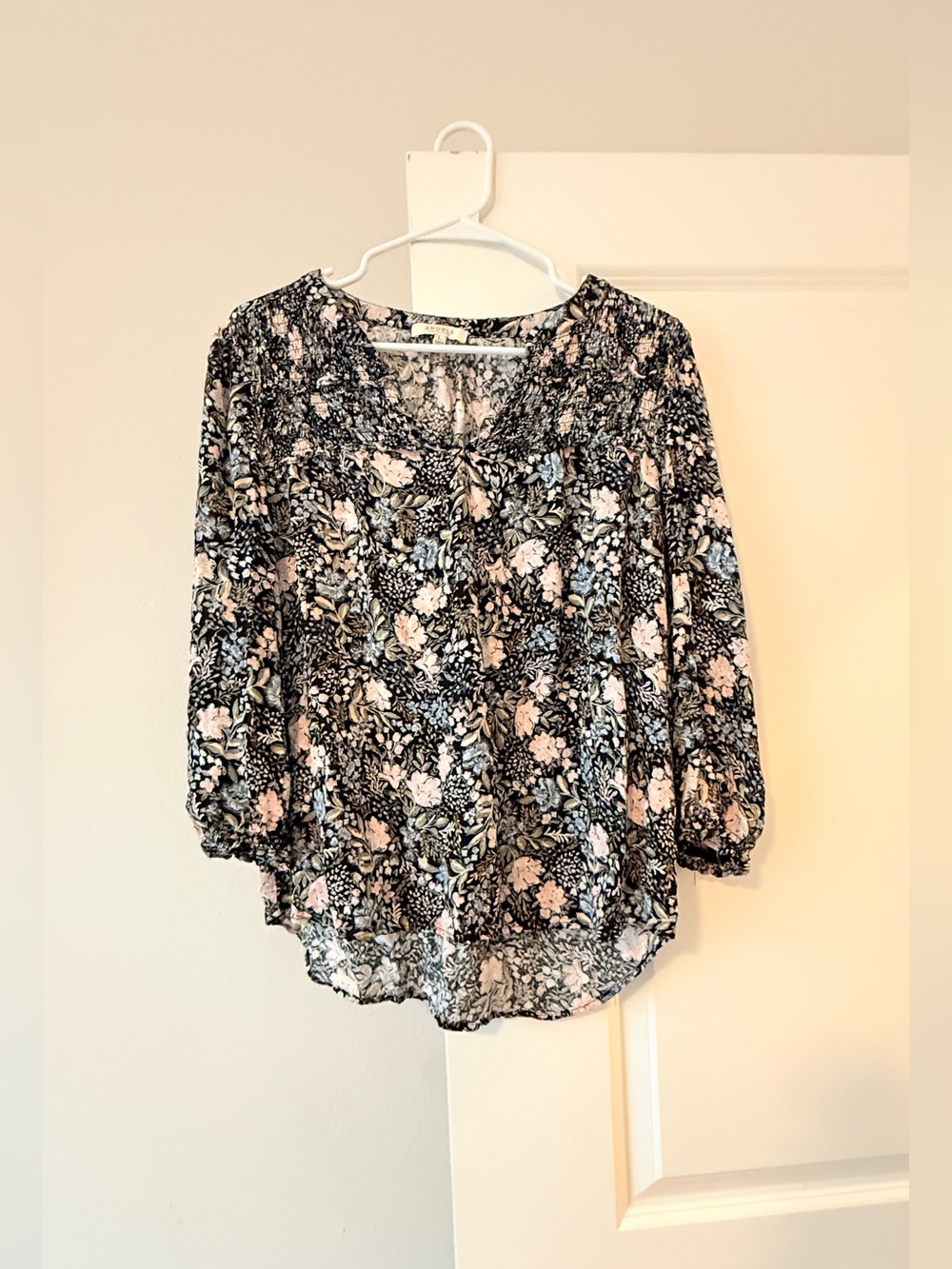 Angels Black Floral Blouse with Pink & Blue Accents